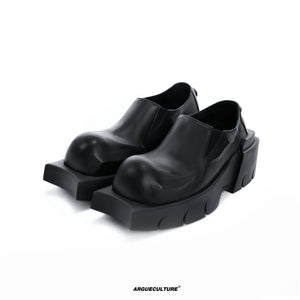 Black Cowhide Round-Toe Platform Derby Shoes | Slip-On - Black