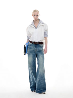 Washed Blue Loose Straight-Leg Rivet Detail Jeans - main image 1