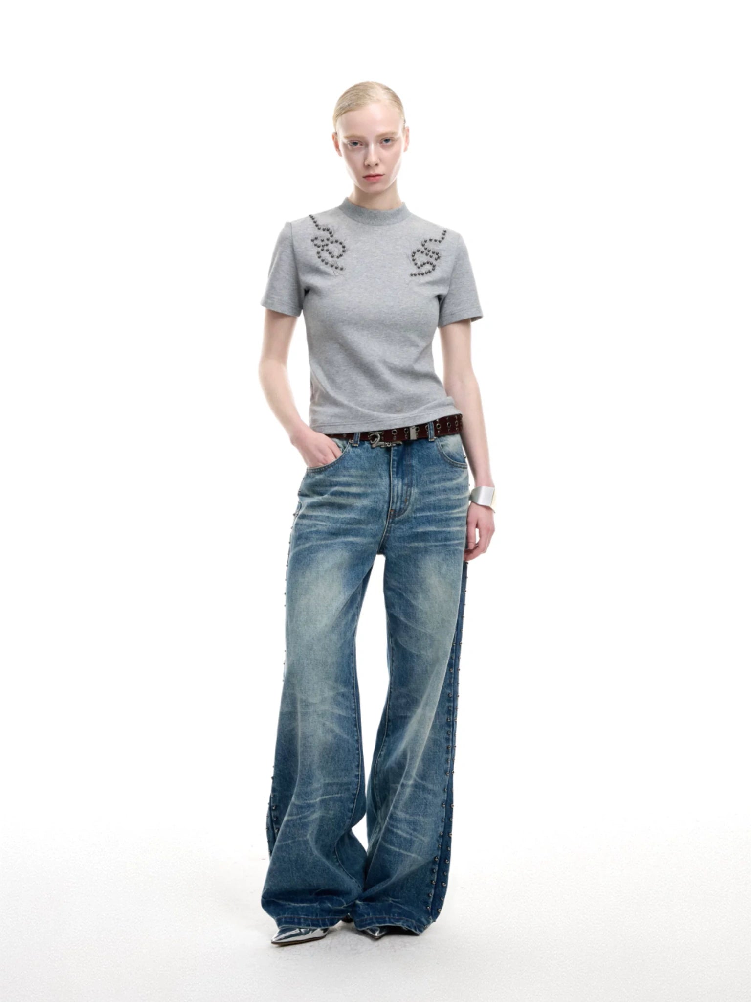 Washed Blue Loose Straight-Leg Rivet Detail Jeans - main image 2