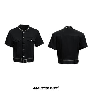 Pearl-Trimmed Distressed Denim Separates | Short Sleeve - Black Jacket
