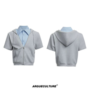 Color-Block Faux Two-Piece Hoodie Shirt Set for Men - Grey Jacket