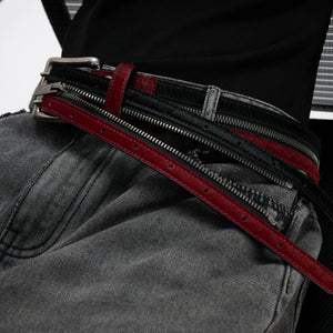 Black Red Horsehair Leather Belt | Double Metal Fastening - main image 4