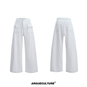Loose Straight-Leg Cargo Jeans | Washed Cotton Denim - White
