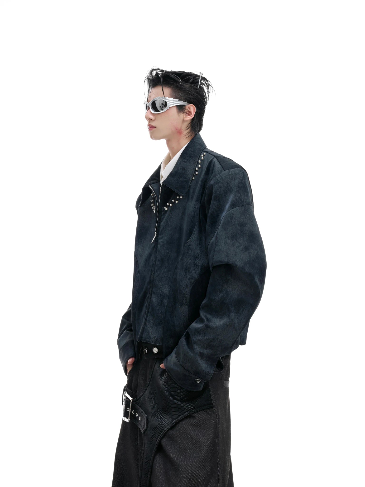 Pearl Rivet Cropped Faux Leather Jacket in Blue - main image 1