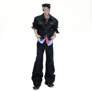 Indigo Denim Leather-Panel Jacket and Pants Suit - main image 2