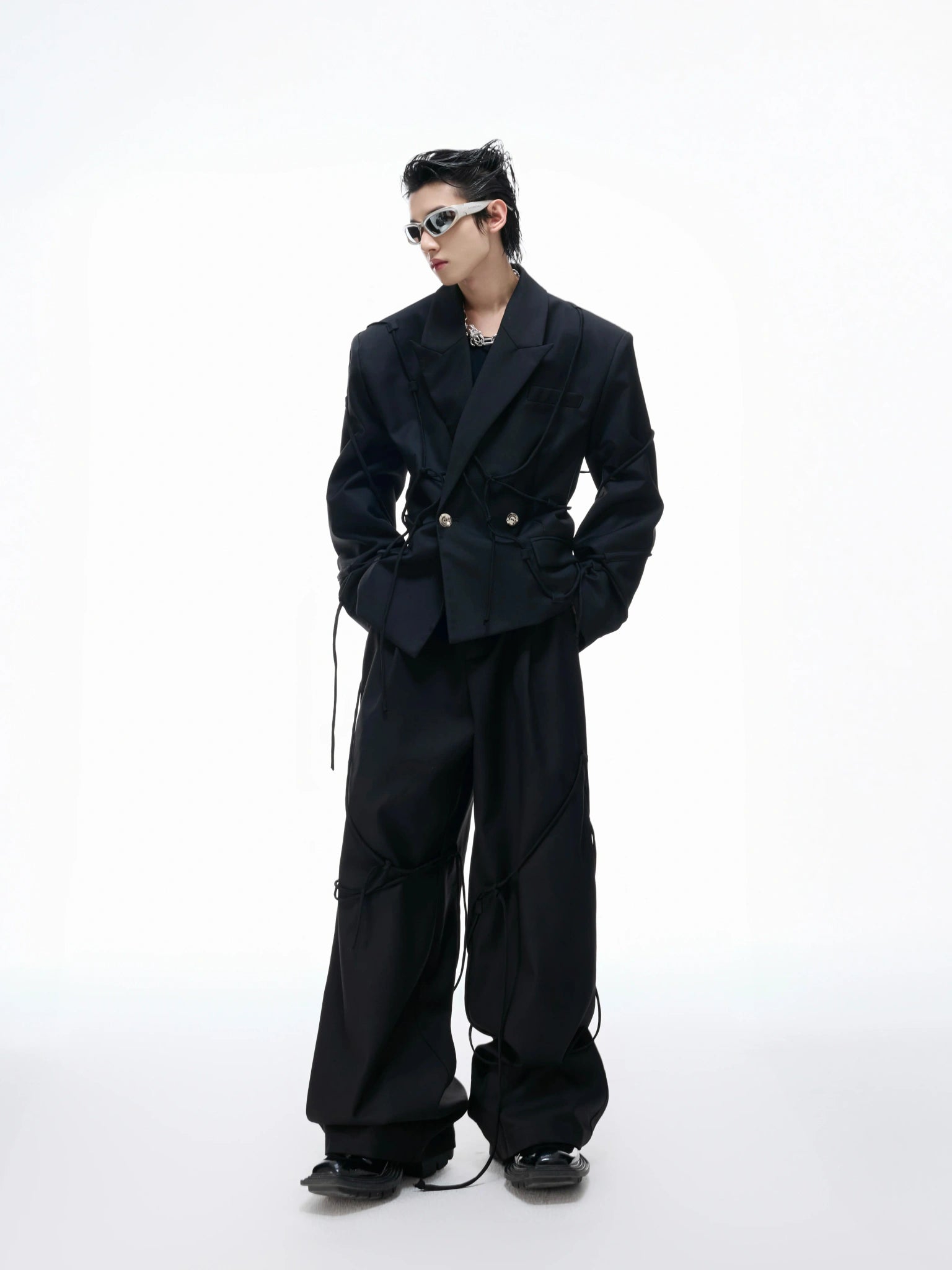 Rope-Strap Short Blazer Suit Set in Black - main image 1