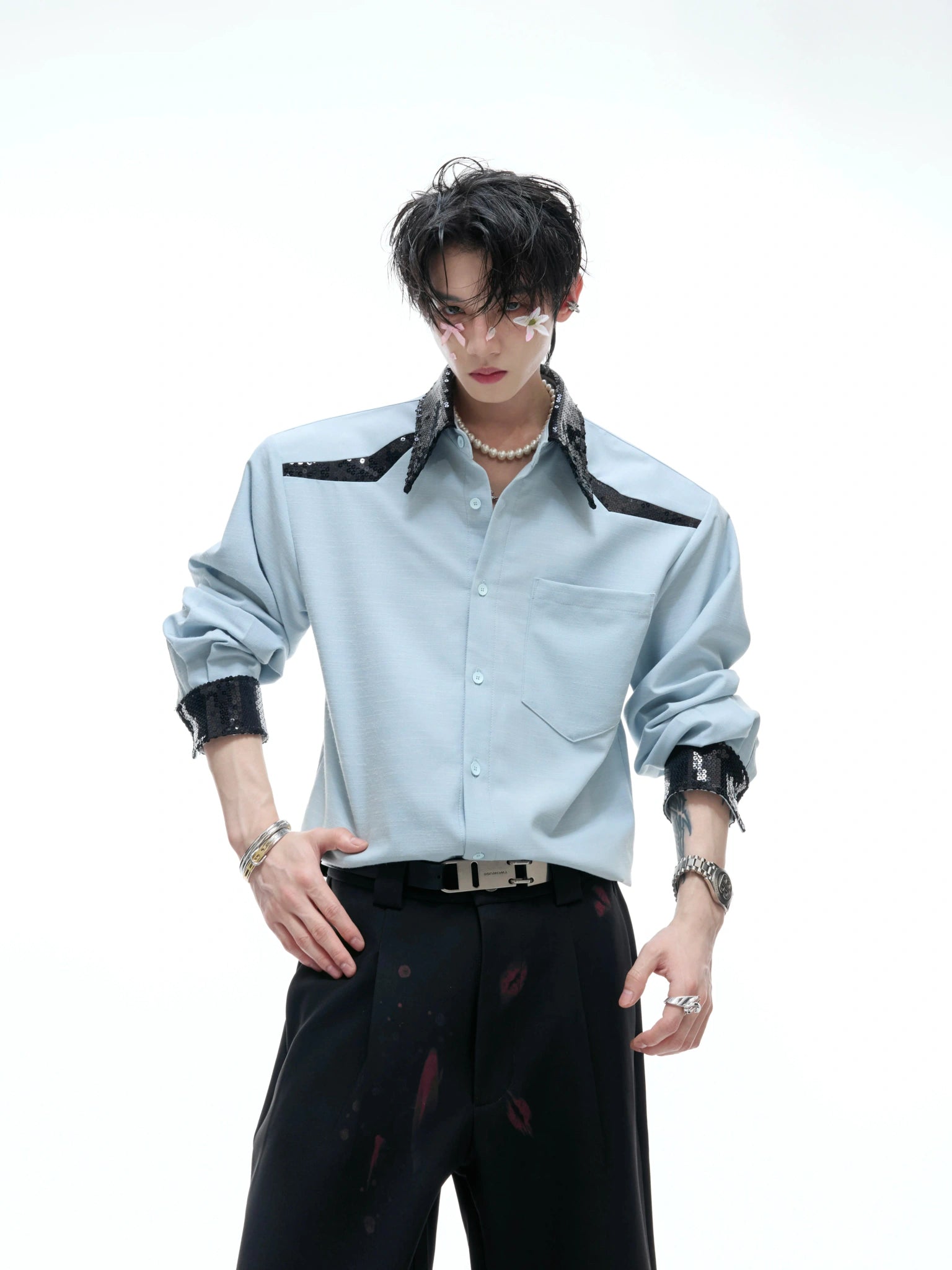Contrast Sequin Drape Shirt | Relaxed Unisex Button-Up - main image 2
