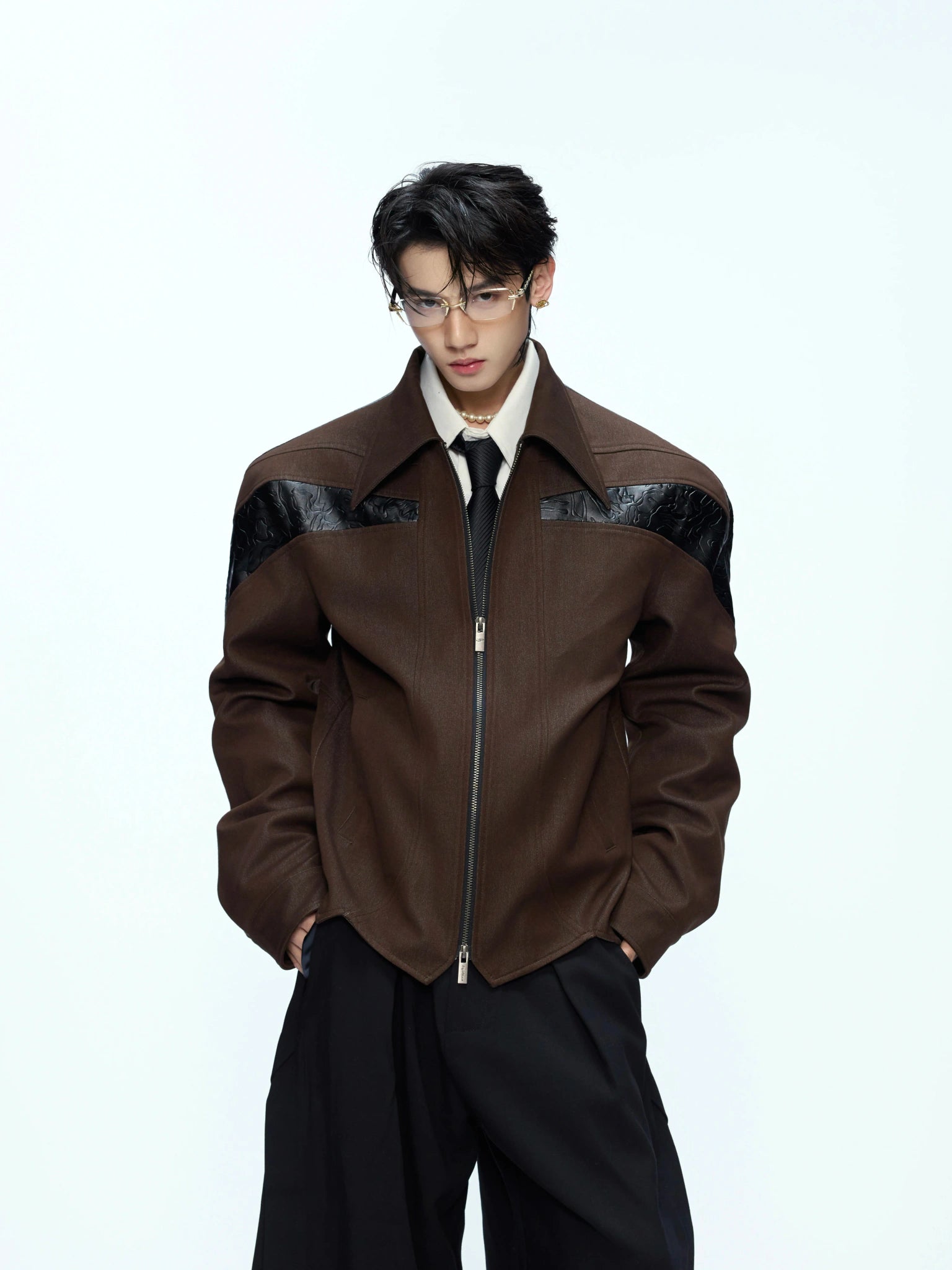 Deconstructed Cropped PU Jacket with Contrast Panels - main image 2