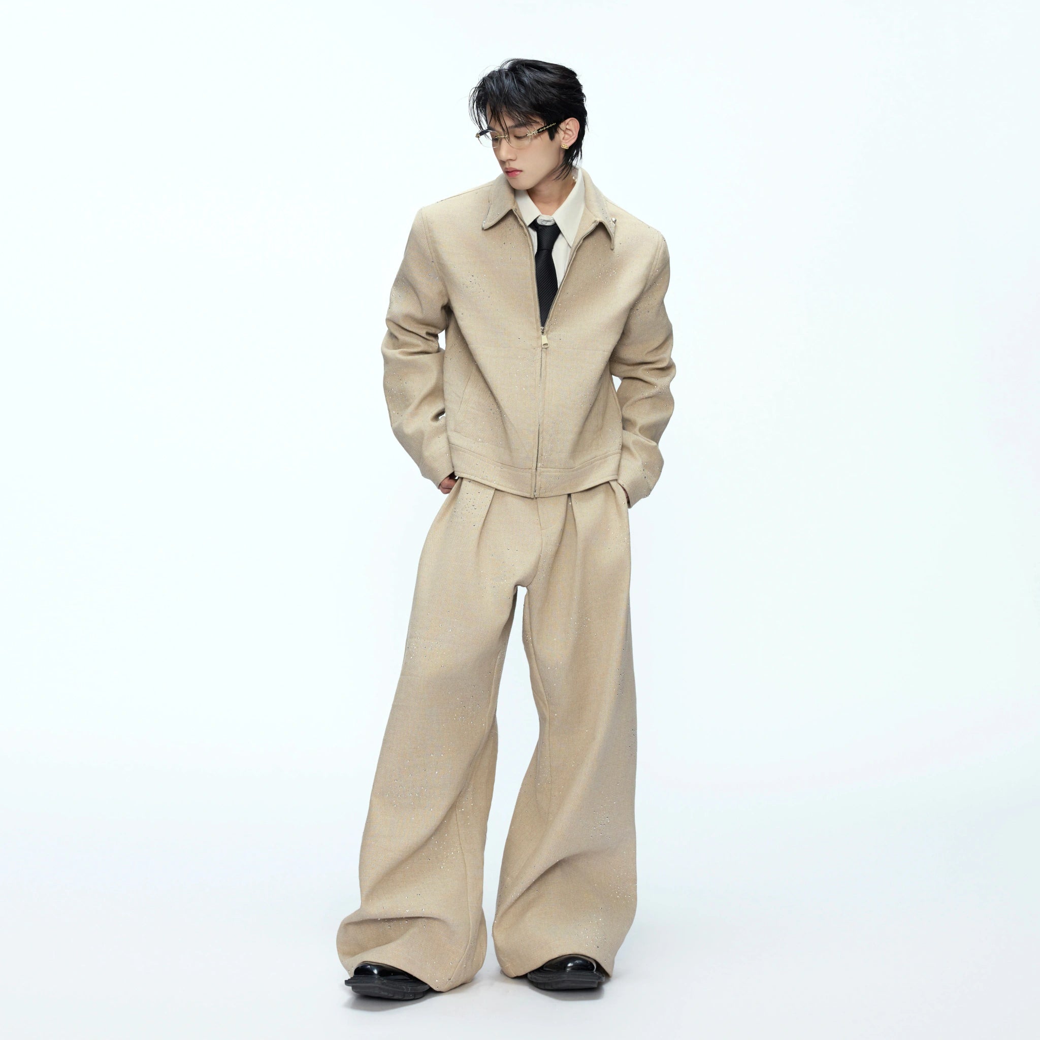 Unisex Contrast Lapel Cotton Jacket and Pants Set - main image 2