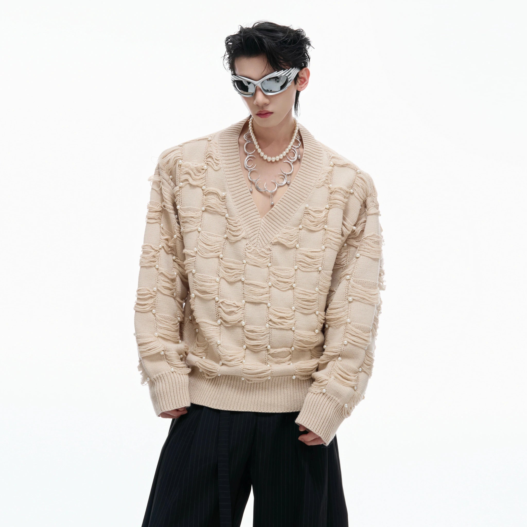 Pearl-Accent V-Neck Cotton Sweater | Unisex Knitwear - main image 2
