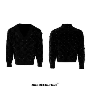 Pearl-Accent V-Neck Cotton Sweater | Unisex Knitwear - Black Top