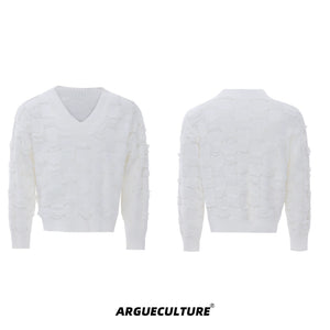 Pearl-Accent V-Neck Cotton Sweater | Unisex Knitwear - White Top