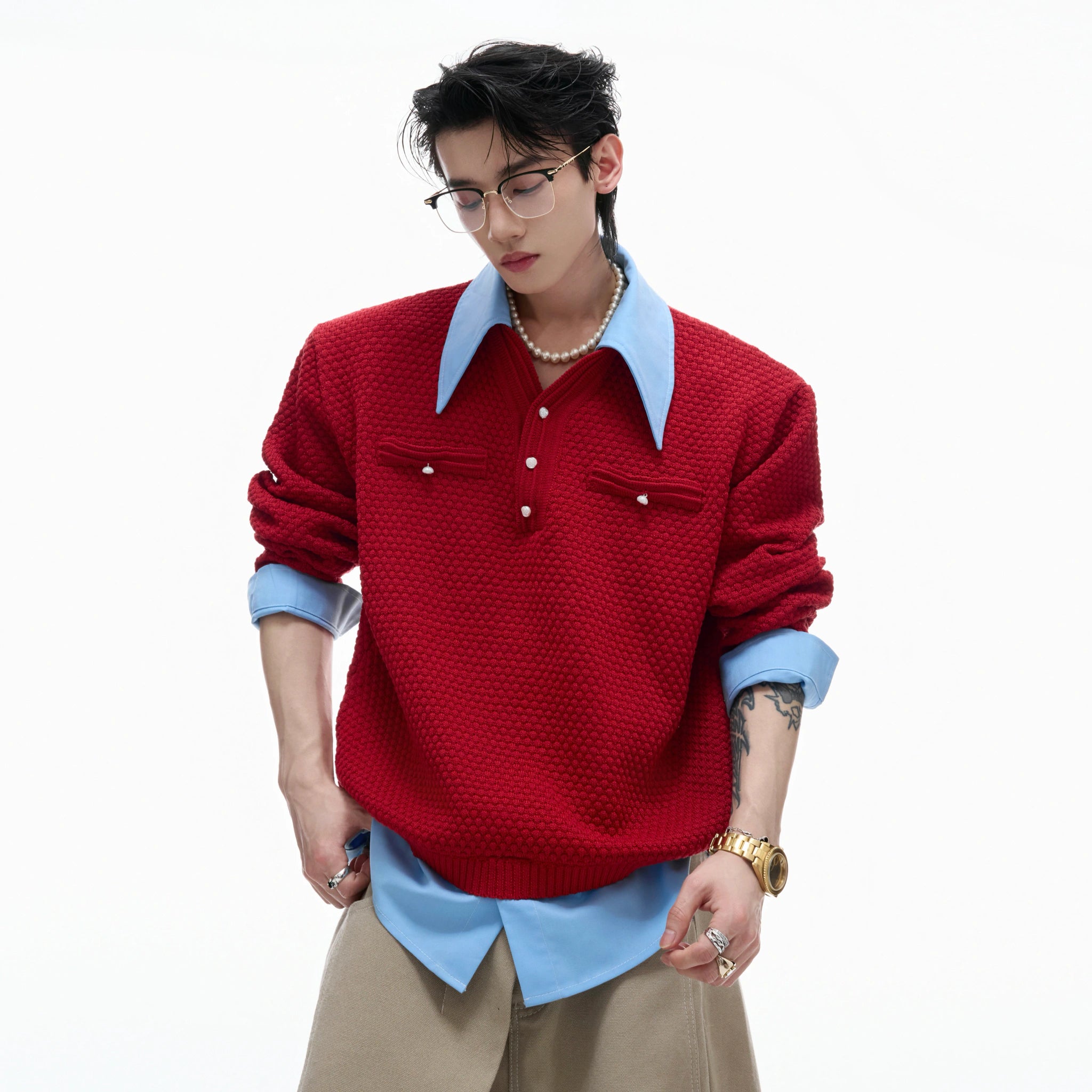 Color-Blocked Faux-Layer Knit Sweater | Unisex Style - main image 1