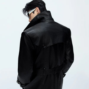 Crocodile-Texture Faux Leather Long Trench Coat - main image 3