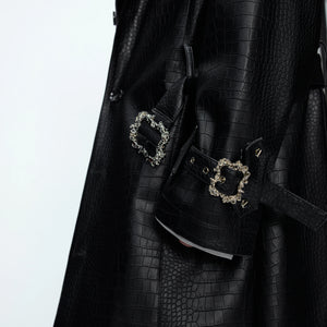 Crocodile-Texture Faux Leather Long Trench Coat - main image 5