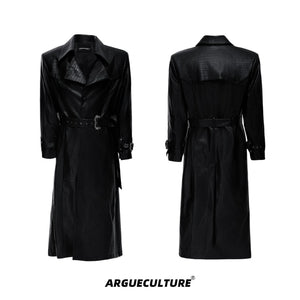 Crocodile-Texture Faux Leather Long Trench Coat - Black Top