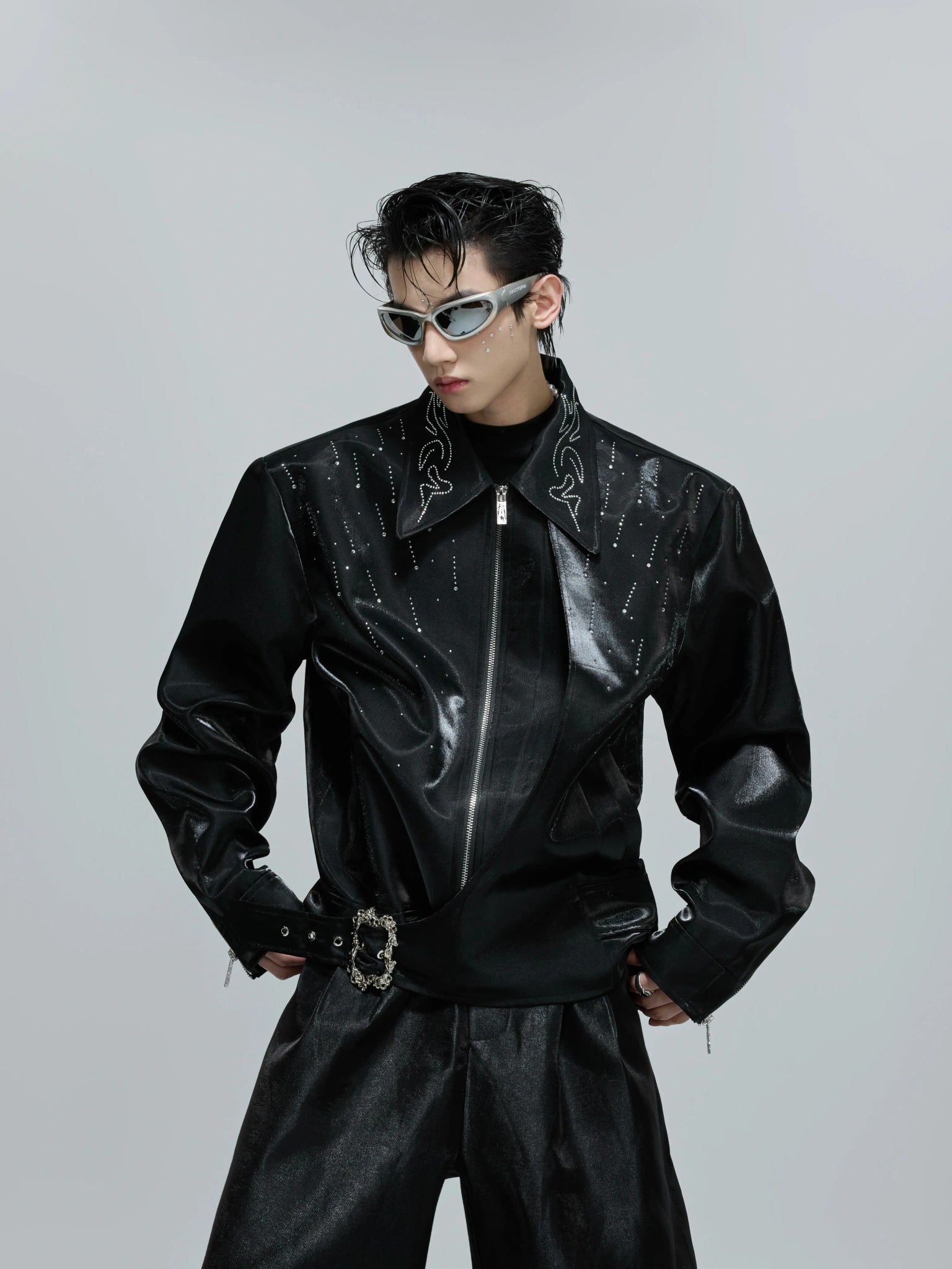 Cropped Black Embellished Jacket with Zip Front - main image 1