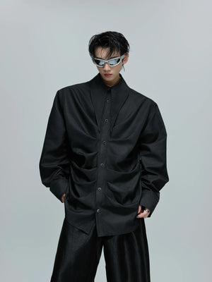 Relaxed Pleated Cotton Shirt with Lapel Collar - Black Top