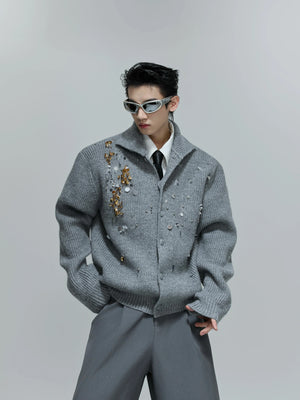 Sequin Wool-Blend High-Neck Cardigan | Unisex Knitwear - Gray Top