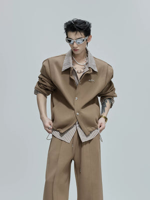 Color-Block Stripe Layered Cardigan | Unisex Streetwear - Baiyang Khaki Top