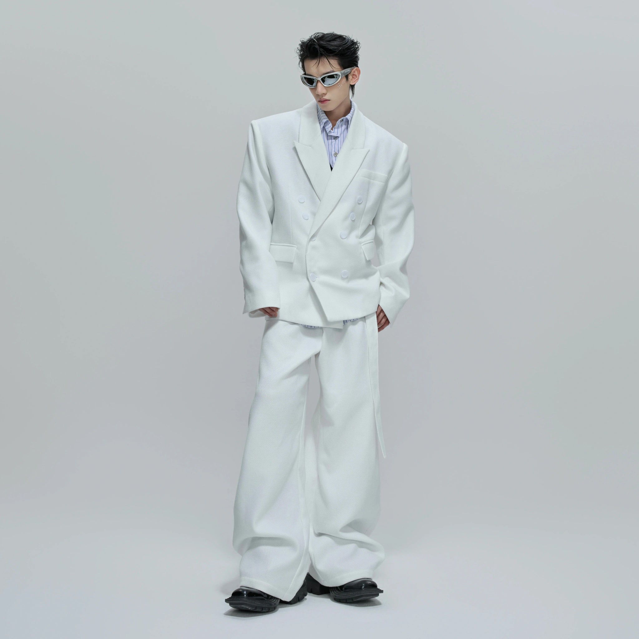 Relaxed Cotton Double-Breasted Suit Separates, Black & White - main image 2
