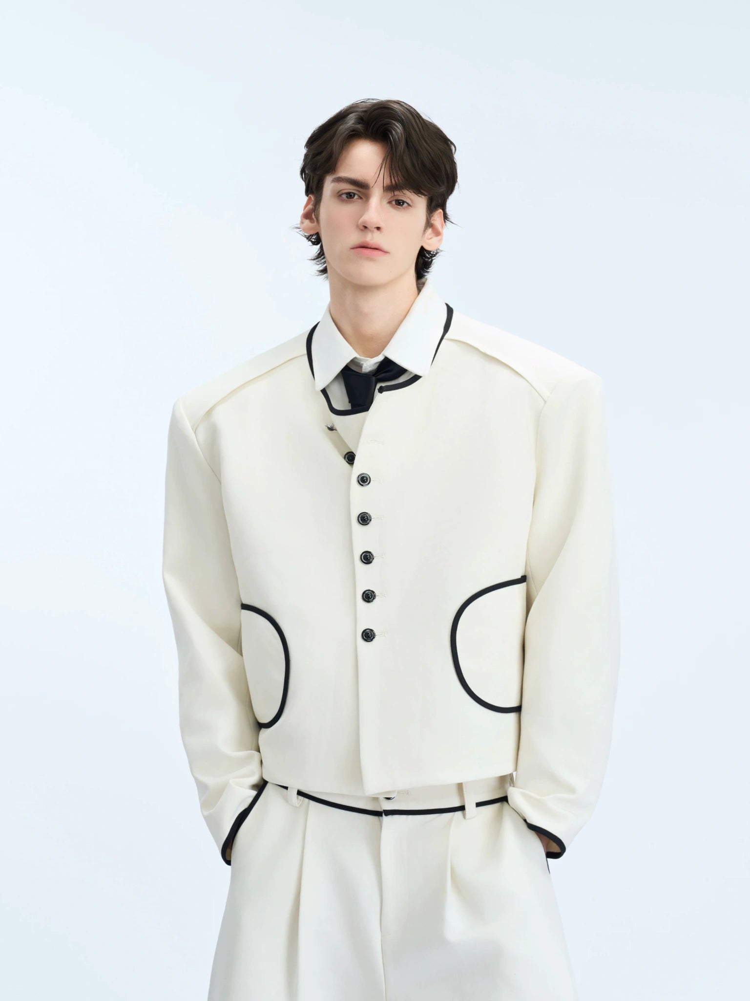 Collarless Contrast-Trim Jacket | Relaxed Cropped Fit - main image 2