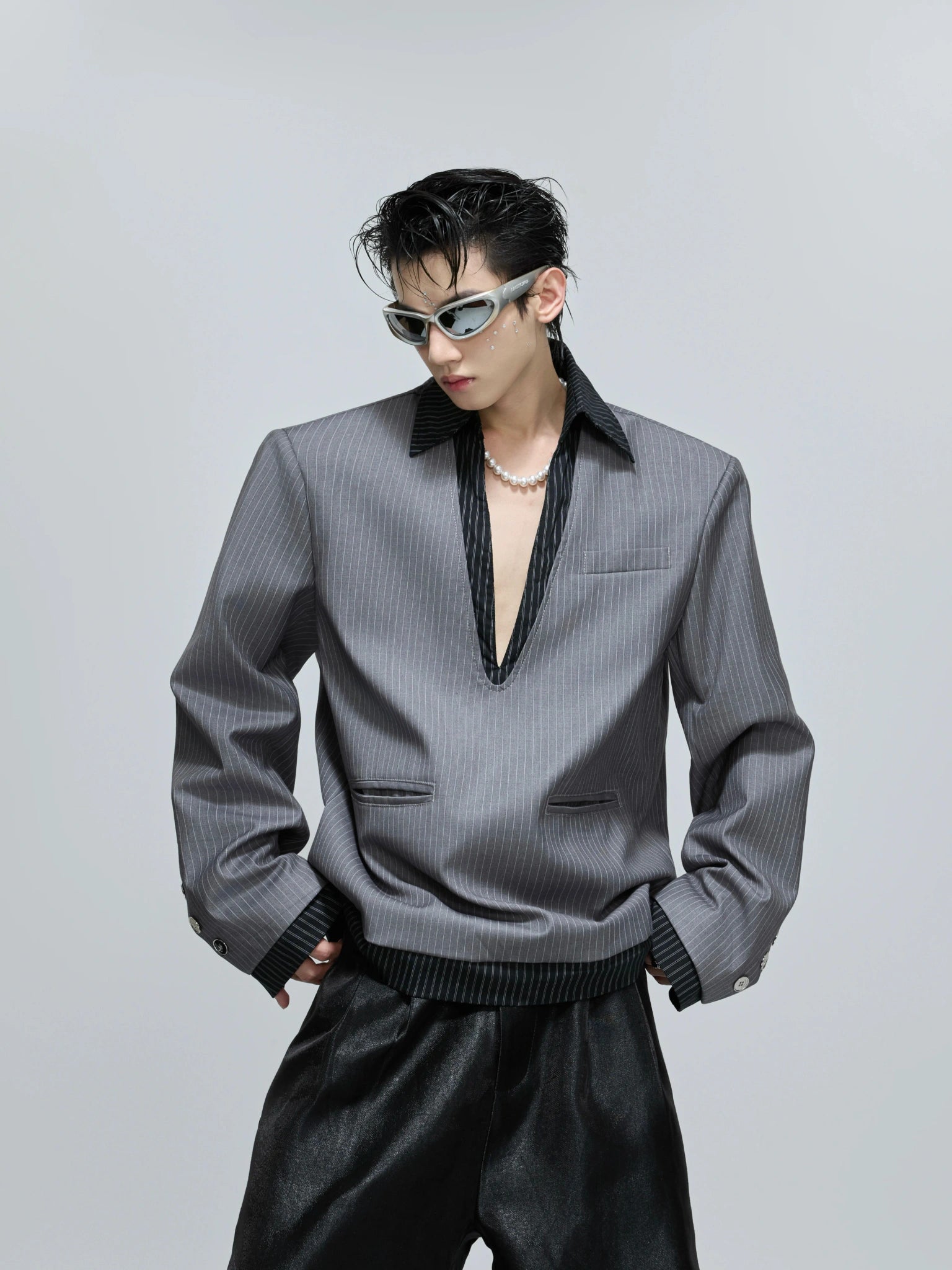 Cotton Striped Relaxed Blazer with Shoulder Pads - main image 1