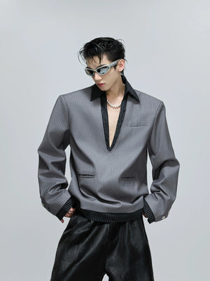 Cotton Striped Relaxed Blazer with Shoulder Pads - main image 1