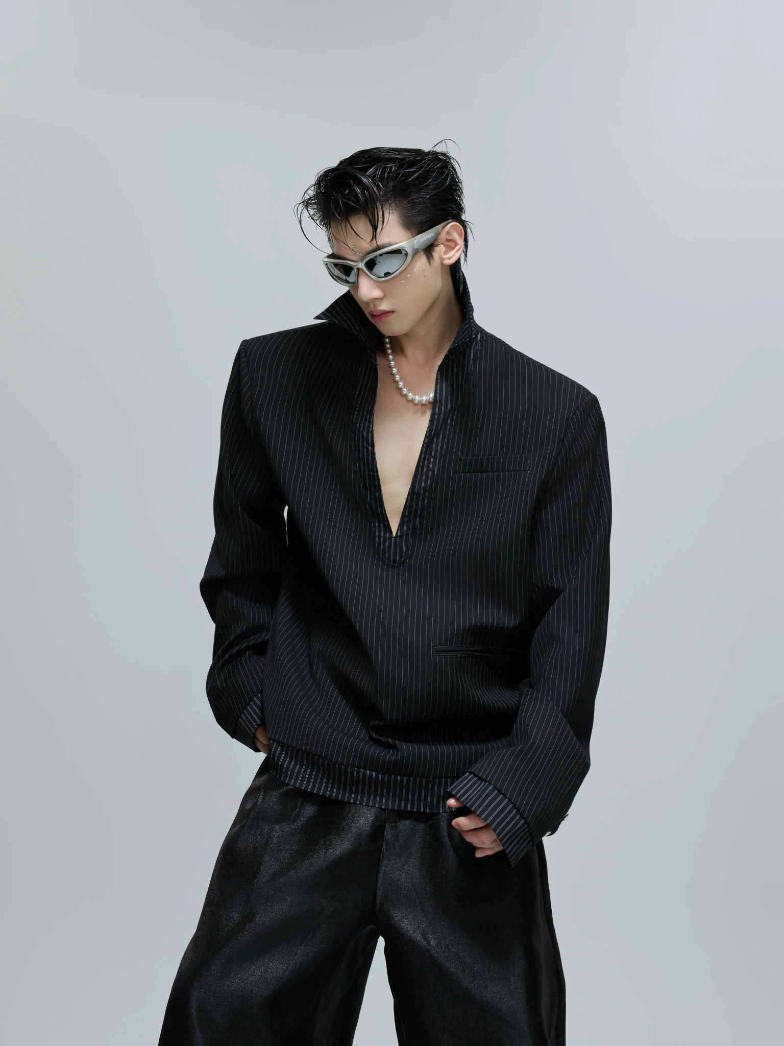 Cotton Striped Relaxed Blazer with Shoulder Pads - main image 2
