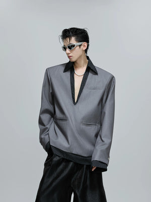 Cotton Striped Relaxed Blazer with Shoulder Pads - Gray Top