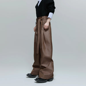 Pleated Cotton-Blend Tie-Waist Straight-Leg Trousers - Brown