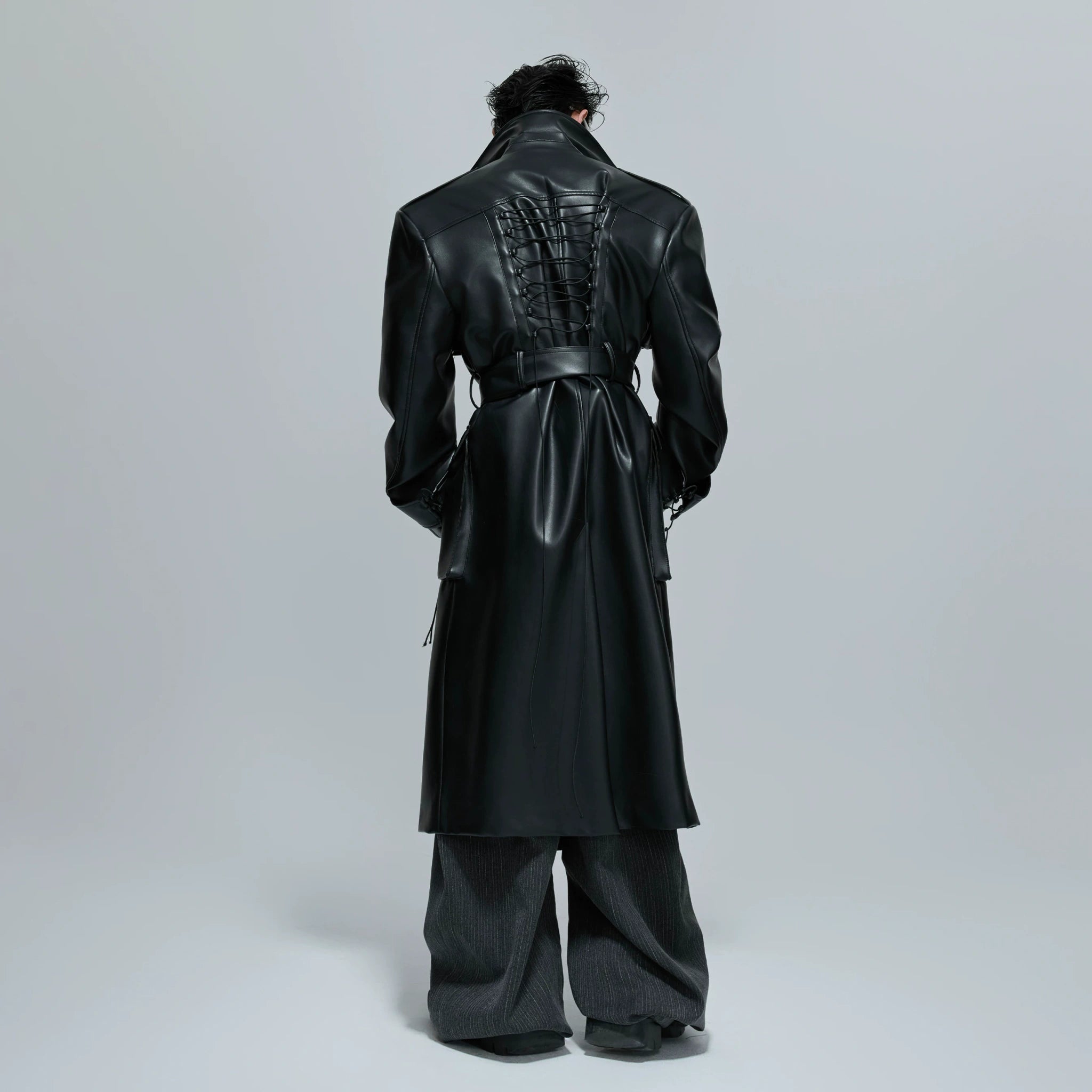 Black Deconstructed Faux Leather Trench Coat - main image 2