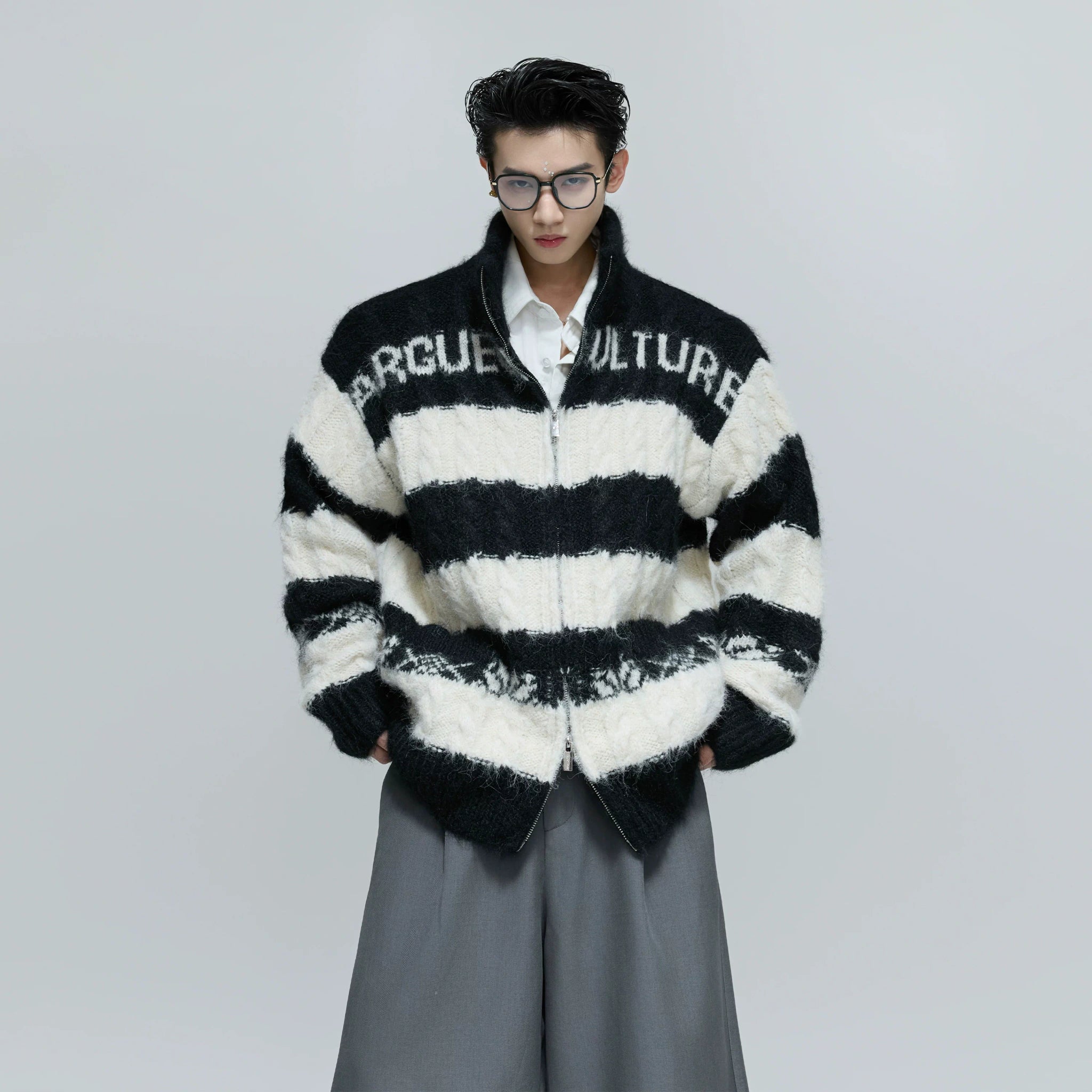 Color-Block Zip Knit Cardigan in Cotton-Wool Blend - main image 2