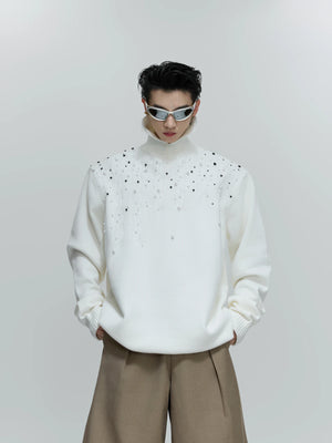 Pearl-Detail Cable-Knit Sweater | Relaxed Wool Blend - White Top