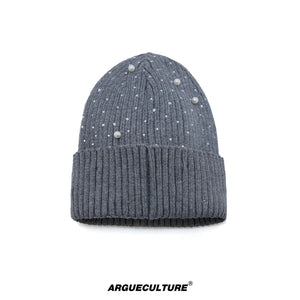 Rhinestone Knit Hat with Adjustable Strap - Gray