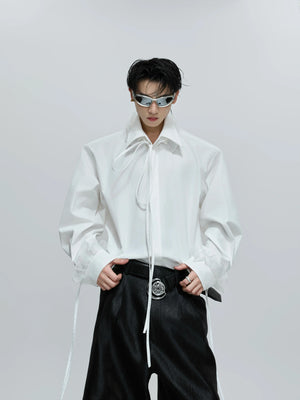 Loose Detachable Ribbon Shoulder-Pad Cotton Shirt - White Top