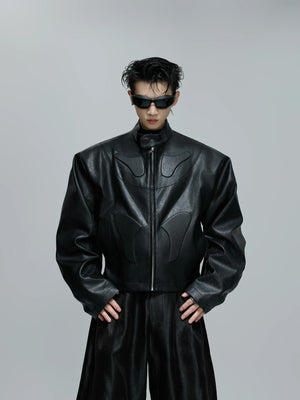 Sculpted Faux Leather Moto Jacket with Stand Collar - Black