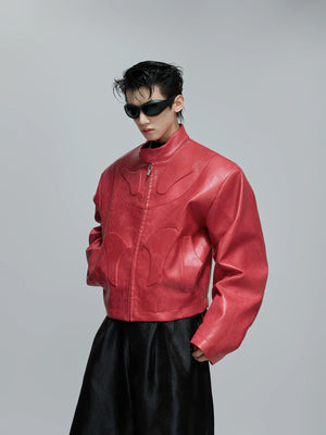 Sculpted Faux Leather Moto Jacket with Stand Collar - Red