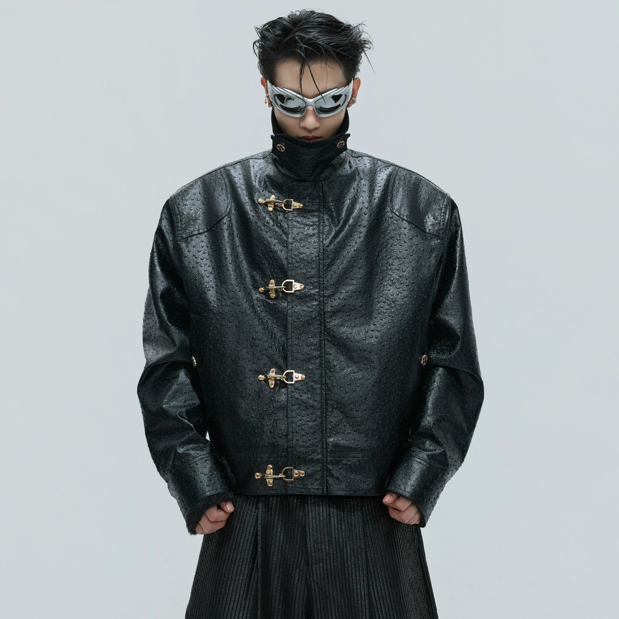 Ostrich Leather Padded Jacket with Flight Buckles - main image 1
