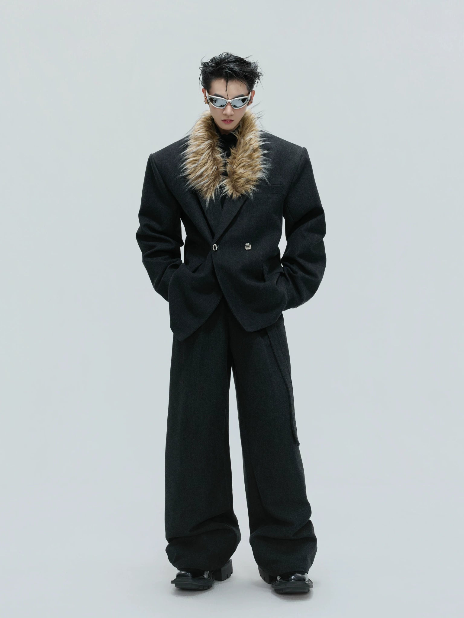 Detachable Fur-Collar Wool Suit Set in Black - main image 1