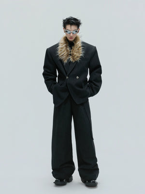 Detachable Fur-Collar Wool Suit Set in Black - main image 1