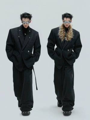 Detachable Fur-Collar Wool Suit Set in Black - main image 4