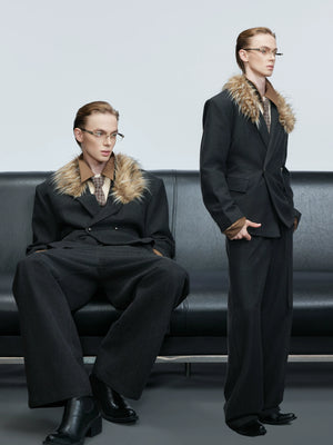 Detachable Fur-Collar Wool Suit Set in Black - main image 5