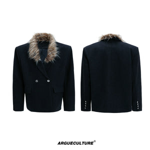 Detachable Fur-Collar Wool Suit Set in Black - Black Jacket