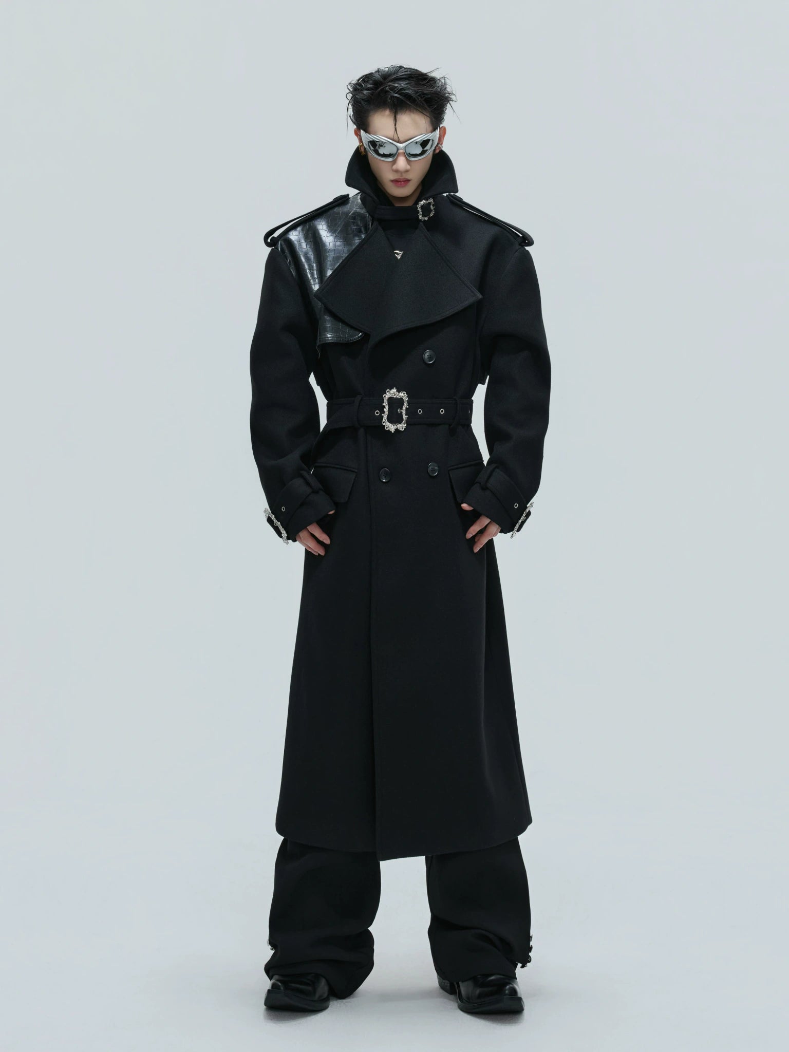 Croc-Texture Panel Relaxed Long Coat | Streetwear - main image 1