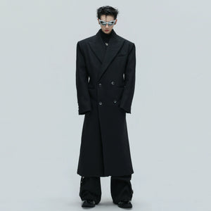 Black Asymmetric Wool-Blend Long Coat | Double-Breasted - main image 5