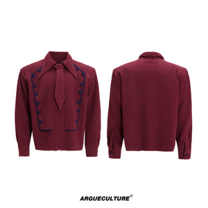 Double-Breasted Wool-Blend Jacket with Detachable Tie - Red Top