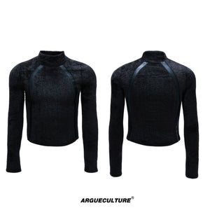 Cropped Plush Wool-Blend Turtleneck Knit Top - Black Top