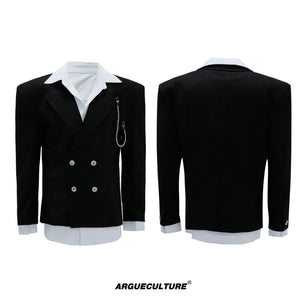 Relaxed Black Cotton Notch-Lapel Suit Set for Streetwear - Black Jacket