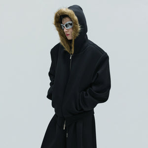 Fur-Collar Hooded Zip Cardigan in Relaxed Cotton - main image 5